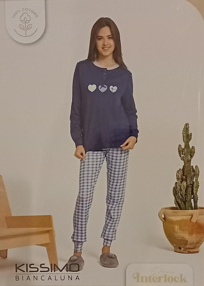 PIGIAMA DONNA CUORICINI CUORI ANIMALIER CALDO COTONE INTERLOK 25D90010 BIANCALUNA KISSIMO