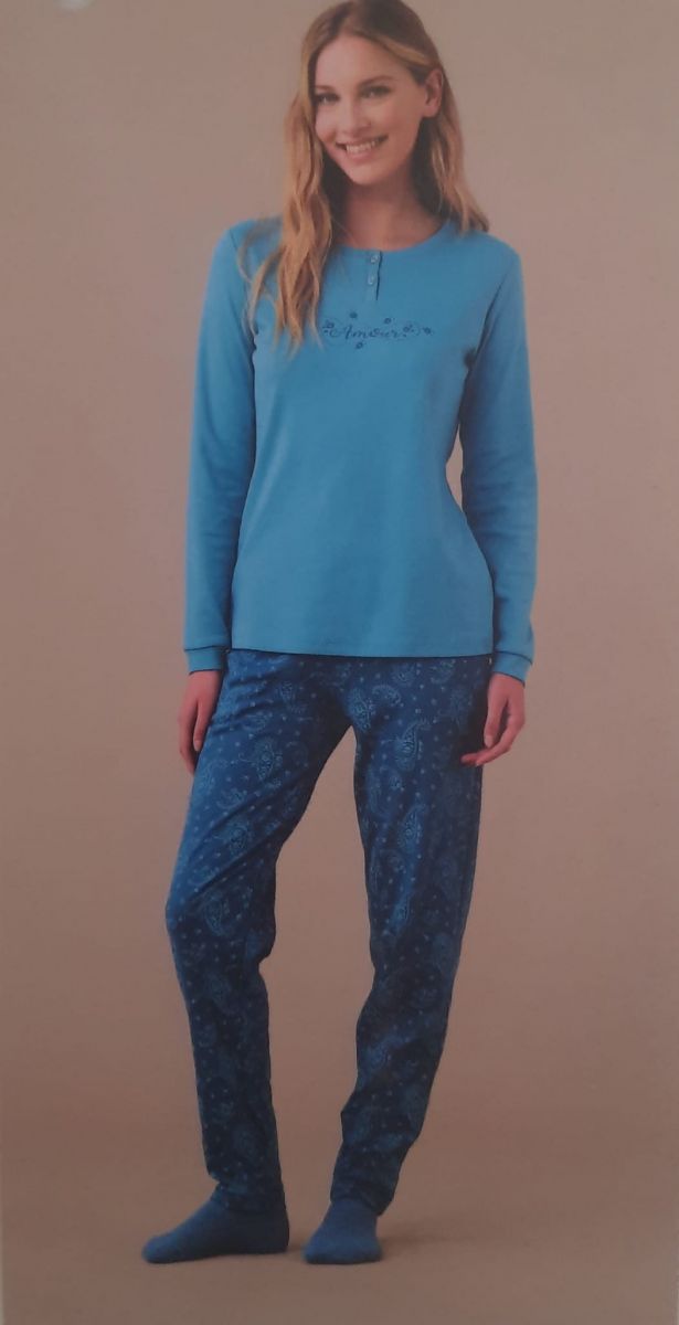 PIGIAMA DONNA MODELLO CAMICIA PANTALONE SENZA POLSINO  IN CALDO COTONE FA8930PS NOI DI NOTTE