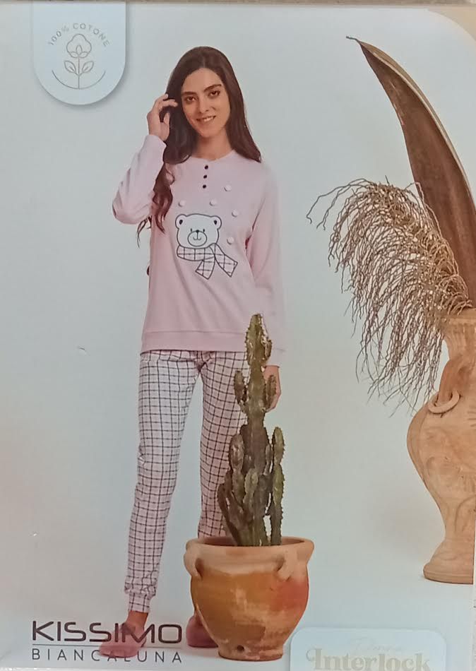 PIGIAMA DONNA CUORICINI CUORI ANIMALIER CALDO COTONE INTERLOK 25D90010 BIANCALUNA KISSIMO