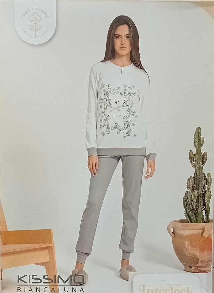 PIGIAMA DONNA CUORICINI CUORI ANIMALIER CALDO COTONE INTERLOK 25D90010 BIANCALUNA KISSIMO