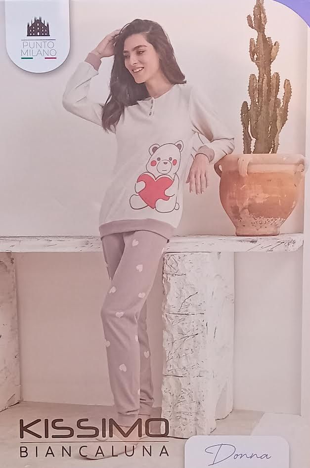 PIGIAMA DONNA CUORICINI CUORI ANIMALIER CALDO COTONE INTERLOK 25D90010 BIANCALUNA KISSIMO
